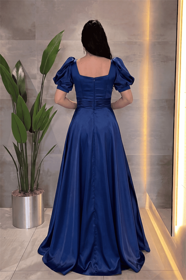 Saten Kumaş Kare Yaka Volan Detaylı Abiye Elbise - SAKS MAVİ - 3