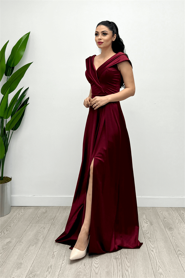 Saten Kumaş Kayık Yaka Abiye Elbise - BORDO - 1