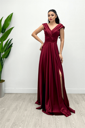 Saten Kumaş Kayık Yaka Abiye Elbise - BORDO - Angelino Moda (1)