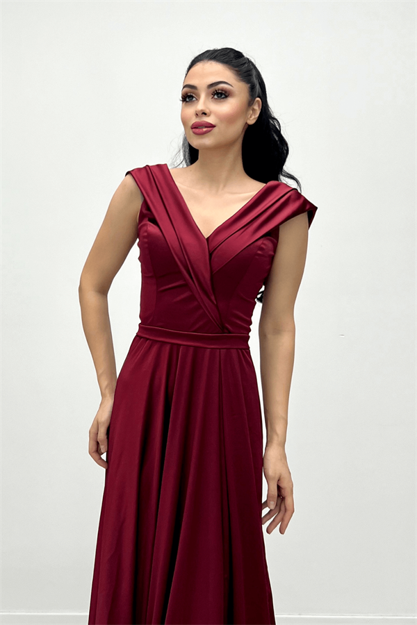 Saten Kumaş Kayık Yaka Abiye Elbise - BORDO - 4