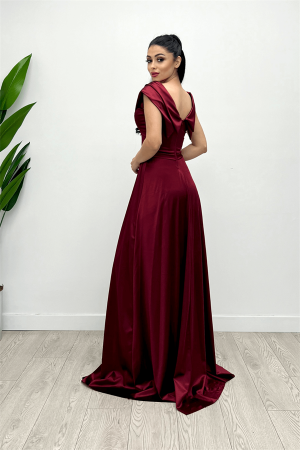 Saten Kumaş Kayık Yaka Abiye Elbise - BORDO - 5