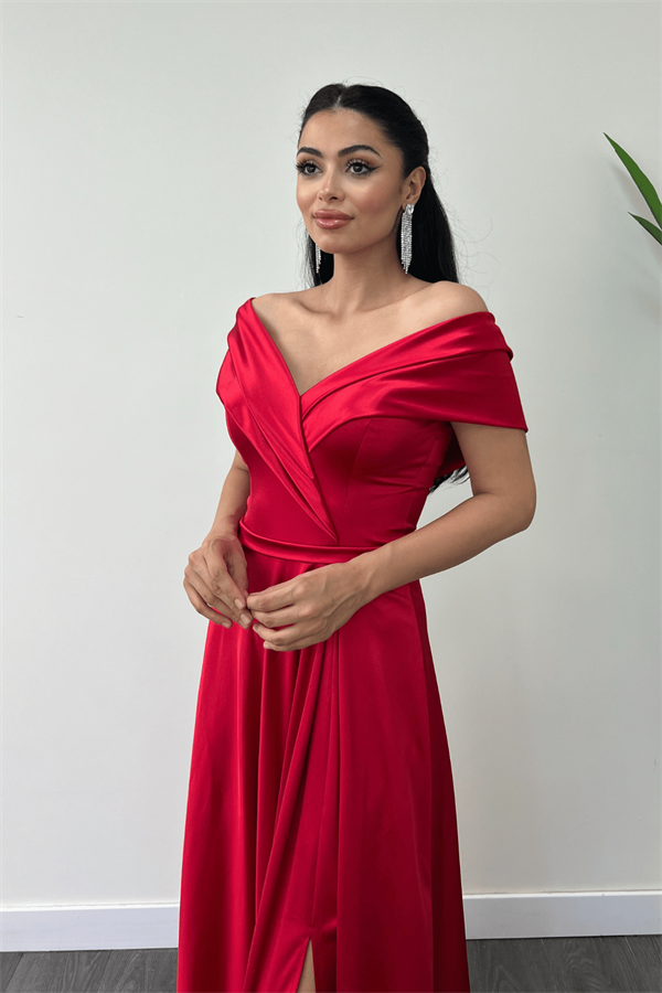 Saten Kumaş Kayık Yaka Abiye Elbise - KIRMIZI - 3