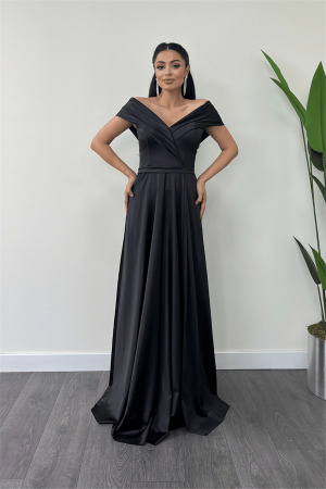 Satin Fabric Boat Neck Evening Dress - BLACK - Angelino Moda