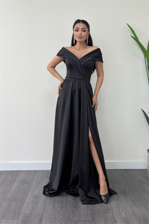 Satin Fabric Boat Neck Evening Dress - BLACK - Angelino Moda (1)
