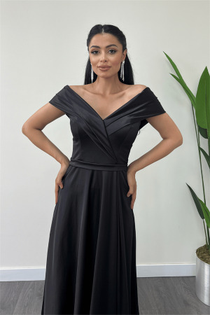 Saten Kumaş Kayık Yaka Abiye Elbise - SİYAH - 3