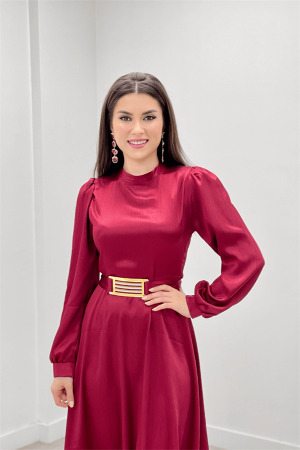 Saten Kumaş Kemer Detaylı Abiye Elbise - BORDO - 3