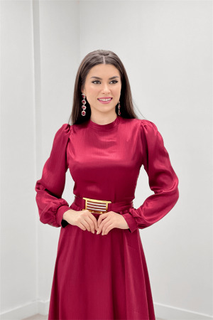 Saten Kumaş Kemer Detaylı Abiye Elbise - BORDO - 4
