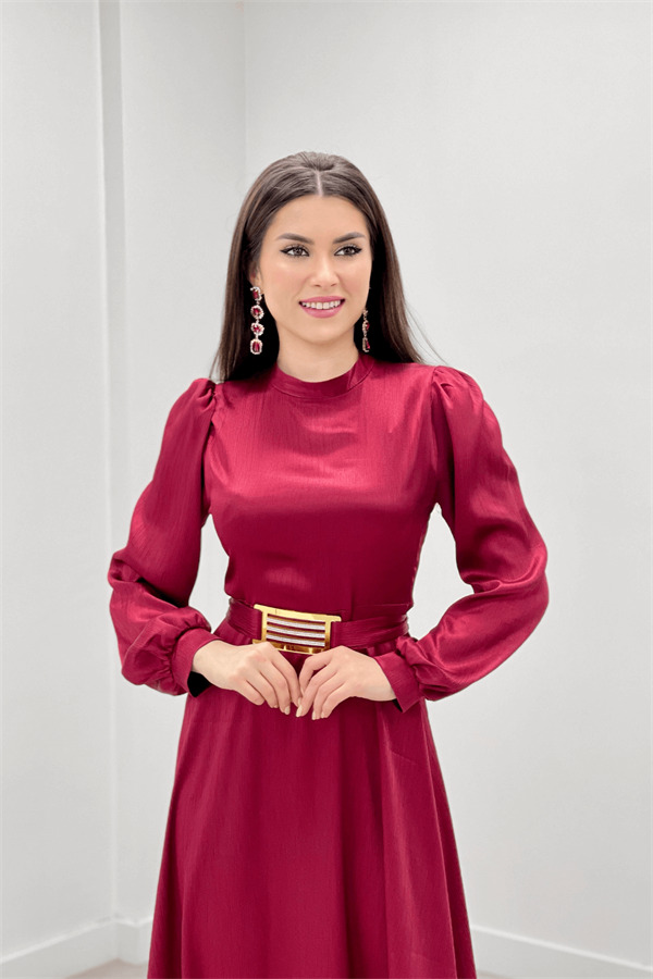 Saten Kumaş Kemer Detaylı Abiye Elbise - BORDO - 4