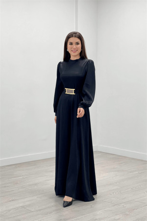 Satin Fabric Belt Detailed Evening Dress - BLACK - Angelino Moda