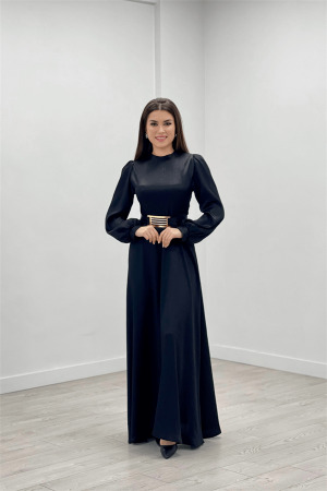 Satin Fabric Belt Detailed Evening Dress - BLACK - Angelino Moda (1)