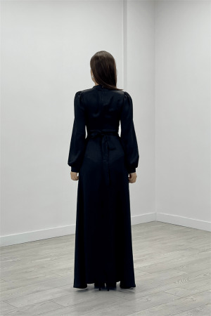 Saten Kumaş Kemer Detaylı Abiye Elbise - SİYAH - 5