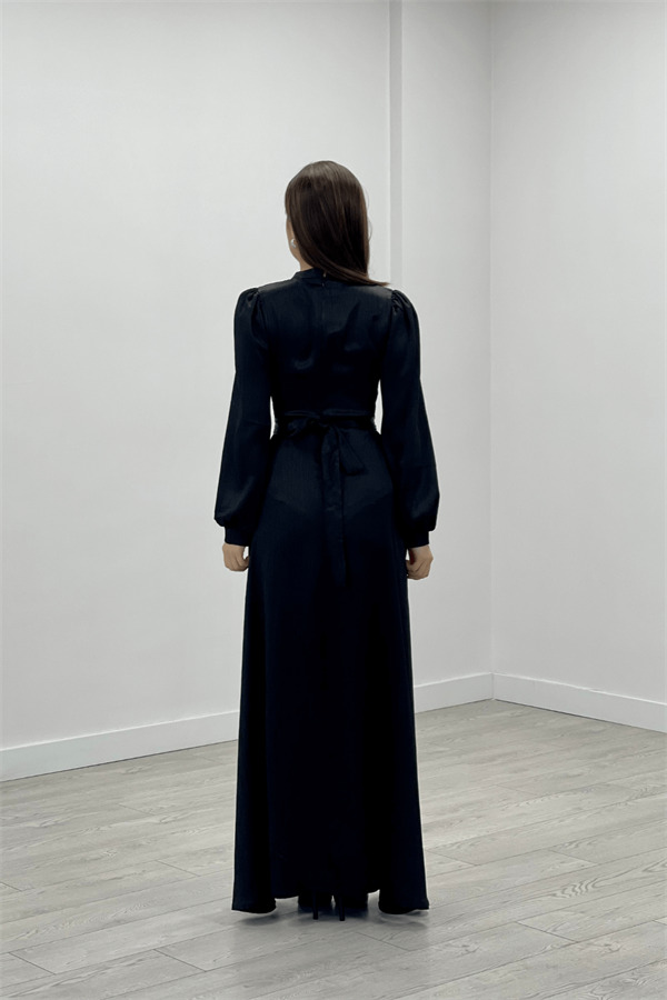 Saten Kumaş Kemer Detaylı Abiye Elbise - SİYAH - 5