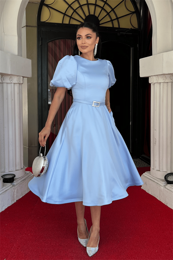 Saten Kumaş Kemer Detaylı Midi Elbise - BEBE MAVİSİ - 2