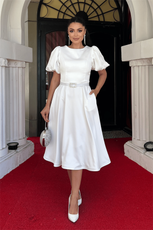 Saten Kumaş Kemer Detaylı Midi Elbise - BEYAZ - 1