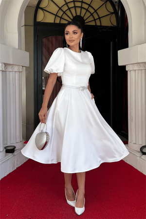 Saten Kumaş Kemer Detaylı Midi Elbise - BEYAZ - 2