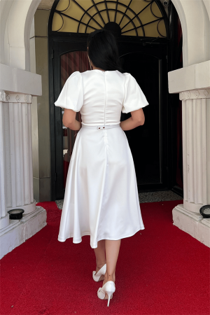 Saten Kumaş Kemer Detaylı Midi Elbise - BEYAZ - 5