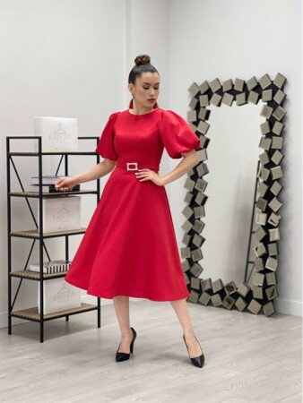 Saten Kumaş Kemer Detaylı Midi Elbise - KIRMIZI - Angelino Moda (1)