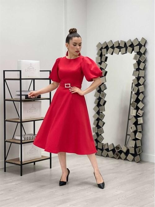 Satin Fabric Belt Detailed Midi Dress - RED - 2