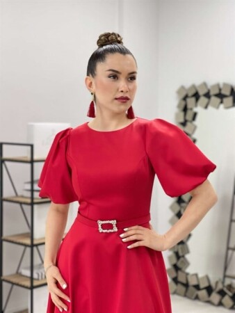 Satin Fabric Belt Detailed Midi Dress - RED - 3