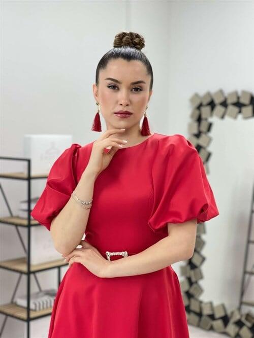 Satin Fabric Belt Detailed Midi Dress - RED - 4
