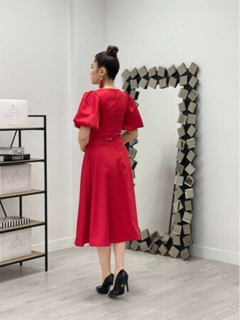 Satin Fabric Belt Detailed Midi Dress - RED - 5