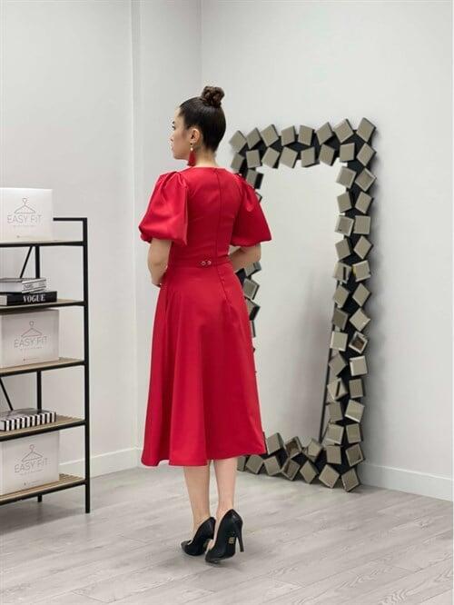 Satin Fabric Belt Detailed Midi Dress - RED - 5