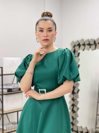 Saten Kumaş Kemer Detaylı Midi Elbise - ZÜMRÜT YEŞİL - 3