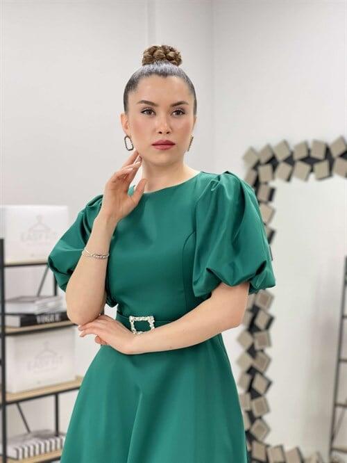 Saten Kumaş Kemer Detaylı Midi Elbise - ZÜMRÜT YEŞİL - 4