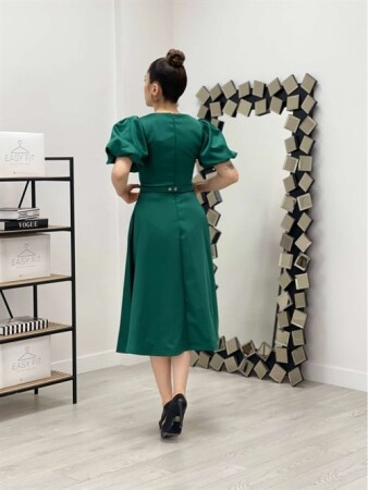 Saten Kumaş Kemer Detaylı Midi Elbise - ZÜMRÜT YEŞİL - 5