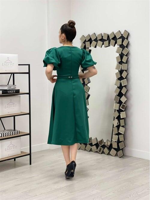 Saten Kumaş Kemer Detaylı Midi Elbise - ZÜMRÜT YEŞİL - 5