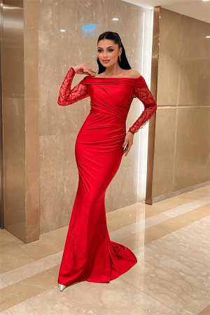 Saten Kumaş Kolları Boncuk Detaylı Abiye Elbise - KIRMIZI - Angelino Moda (1)