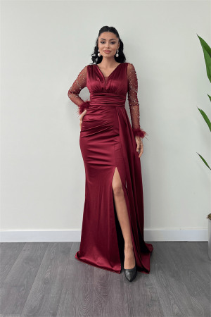 Saten Kumaş Kolları Otrişli Boncuk Detaylı Balık Elbise - BORDO - Angelino Moda