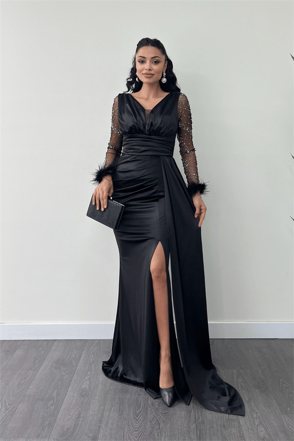 Saten Kumaş Kolları Otrişli Boncuk Detaylı Balık Elbise - SİYAH - 2