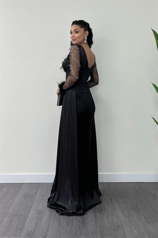 Saten Kumaş Kolları Otrişli Boncuk Detaylı Balık Elbise - SİYAH - 5