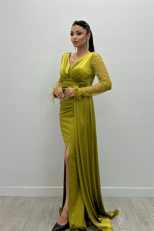 Saten Kumaş Kolları Otrişli Boncuk Detaylı Balık Elbise - YEŞİL - Angelino Moda