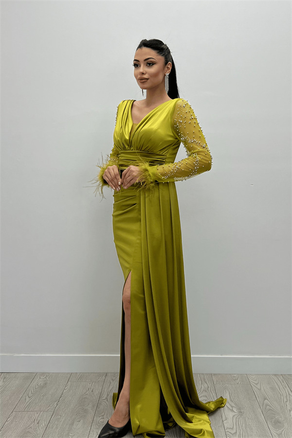 Saten Kumaş Kolları Otrişli Boncuk Detaylı Balık Elbise - YEŞİL - 1