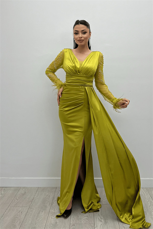 Saten Kumaş Kolları Otrişli Boncuk Detaylı Balık Elbise - YEŞİL - 2