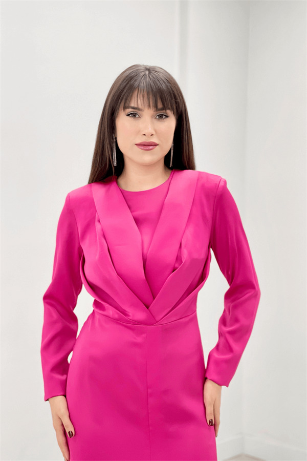 Saten Kumaş Pile Detaylı Tesettür Abiye Elbise - FUŞYA - 4