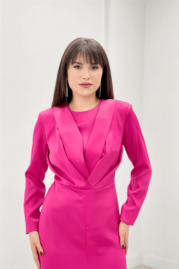 Saten Kumaş Pile Detaylı Tesettür Abiye Elbise - FUŞYA - 4