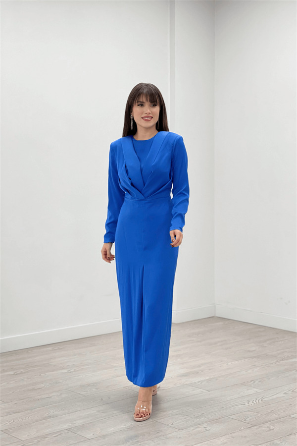 Saten Kumaş Pile Detaylı Tesettür Abiye Elbise - SAKS MAVİ - 2