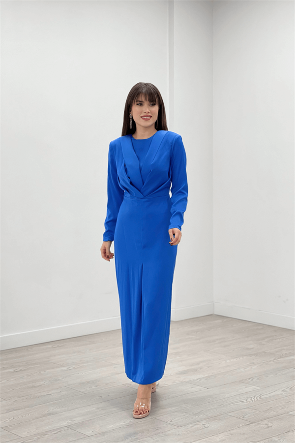 Saten Kumaş Pile Detaylı Tesettür Abiye Elbise - SAKS MAVİ - 2