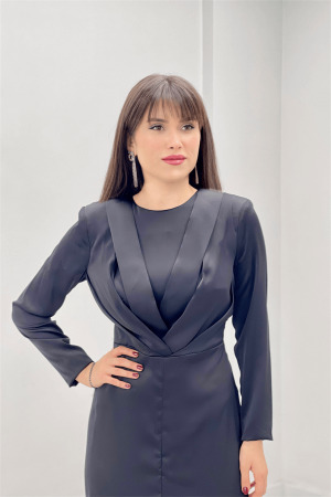 Saten Kumaş Pile Detaylı Tesettür Abiye Elbise - SİYAH - 3