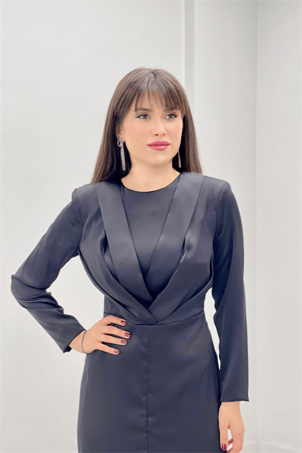 Saten Kumaş Pile Detaylı Tesettür Abiye Elbise - SİYAH - 3