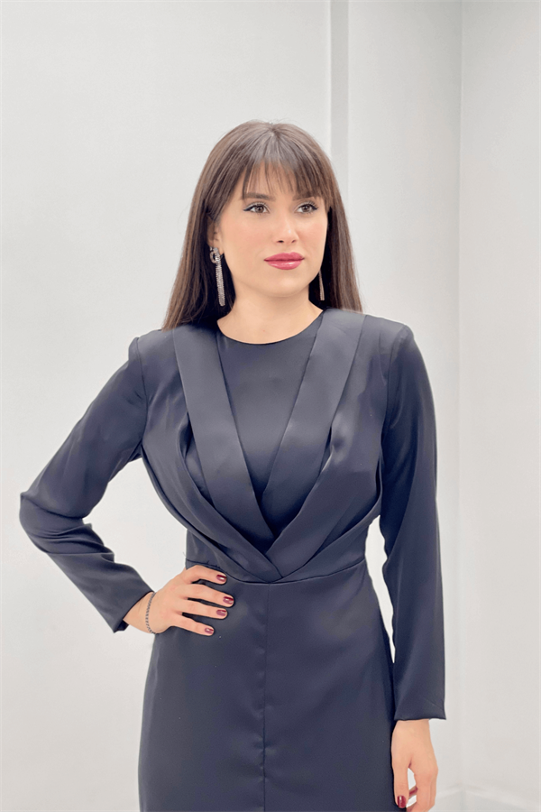 Saten Kumaş Pile Detaylı Tesettür Abiye Elbise - SİYAH - 3