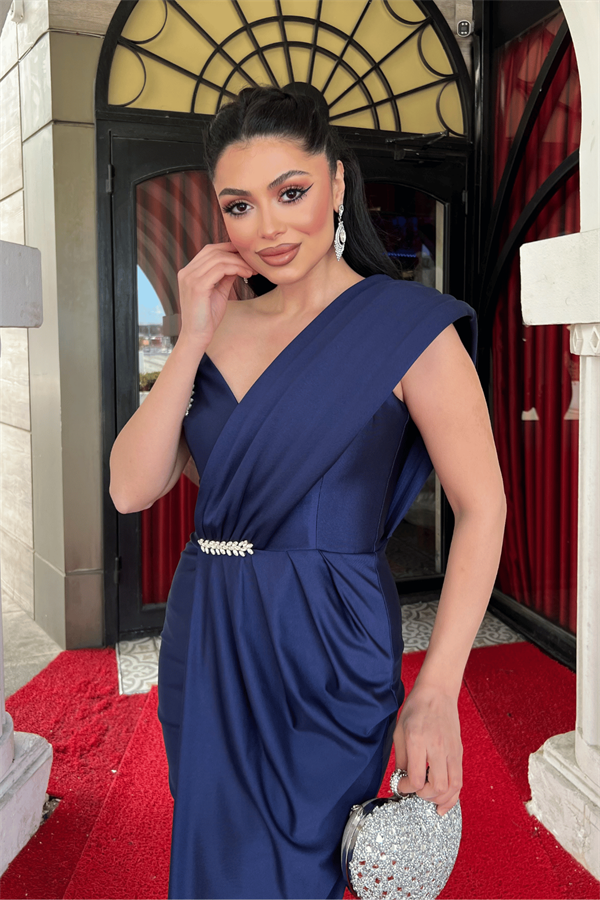 Saten Kumaş Şal Detaylı Kalem Elbise - LACİVERT - 3