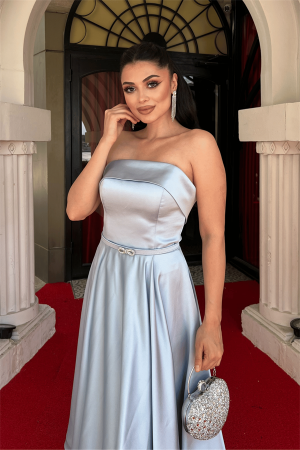 Saten Kumaş Sırt İp Detaylı Midi Elbise - BEBE MAVİSİ - 3