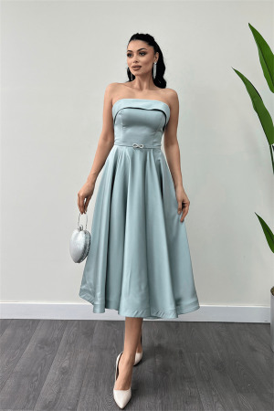 Saten Kumaş Sırt İp Detaylı Midi Elbise - MİNT YEŞİLİ - Angelino Moda