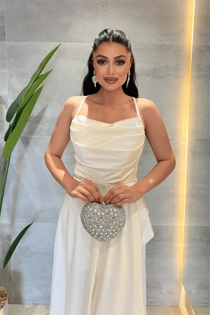 Saten Kumaş Sırtı İpli Abiye Elbise - BEYAZ - 3