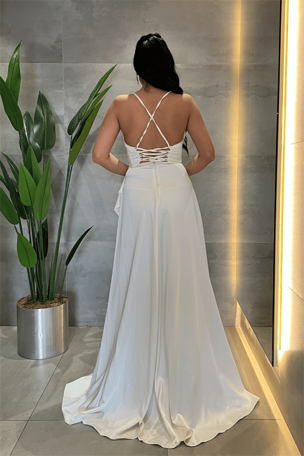 Saten Kumaş Sırtı İpli Abiye Elbise - BEYAZ - 5
