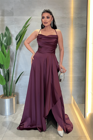 Saten Kumaş Sırtı İpli Abiye Elbise - MÜRDÜM - Angelino Moda